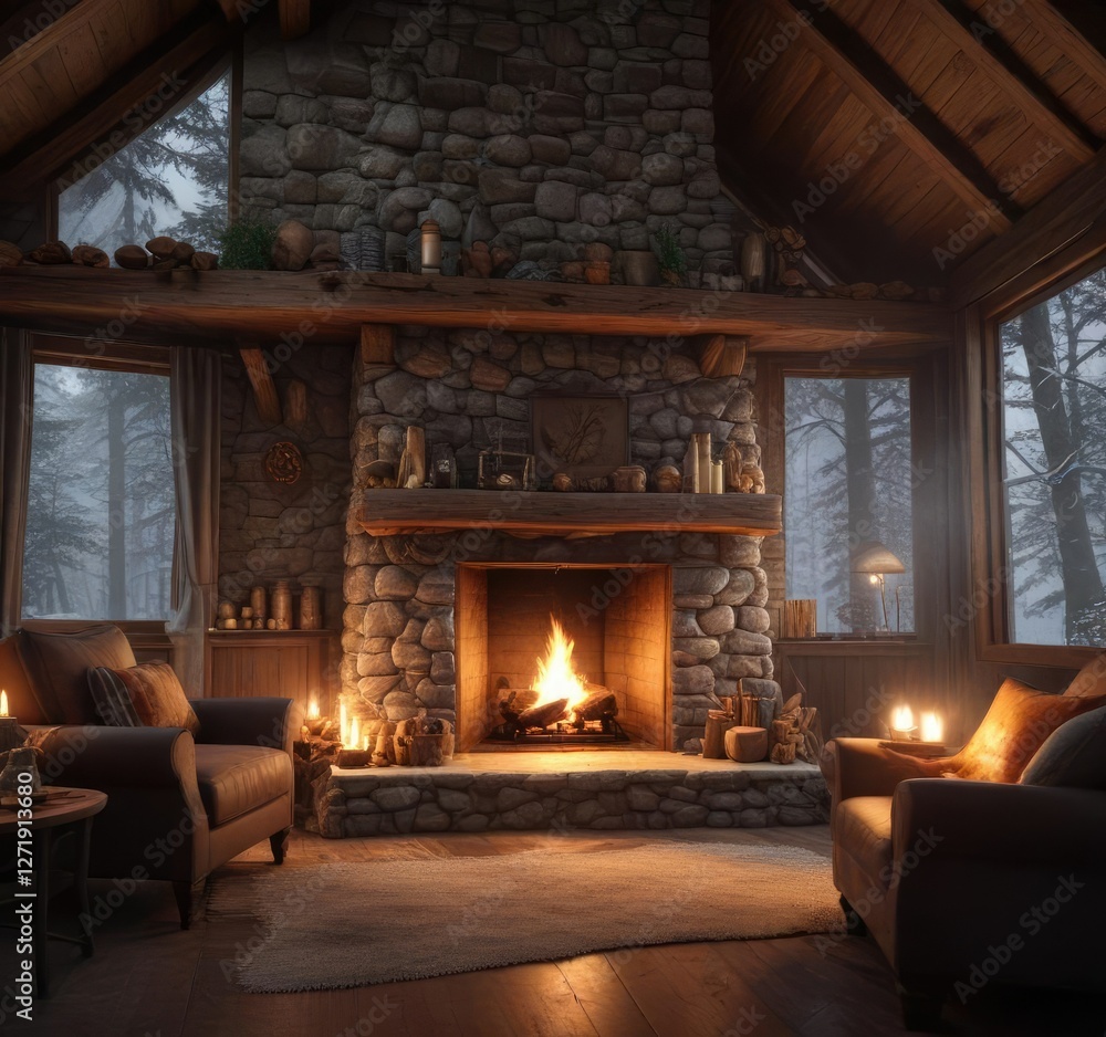 Cozy cabin in the woods with a crackling fireplace, warm fire, cozy cabin Cozy cabin in the woods with a crackling fireplace, warm fire, cozy cabin