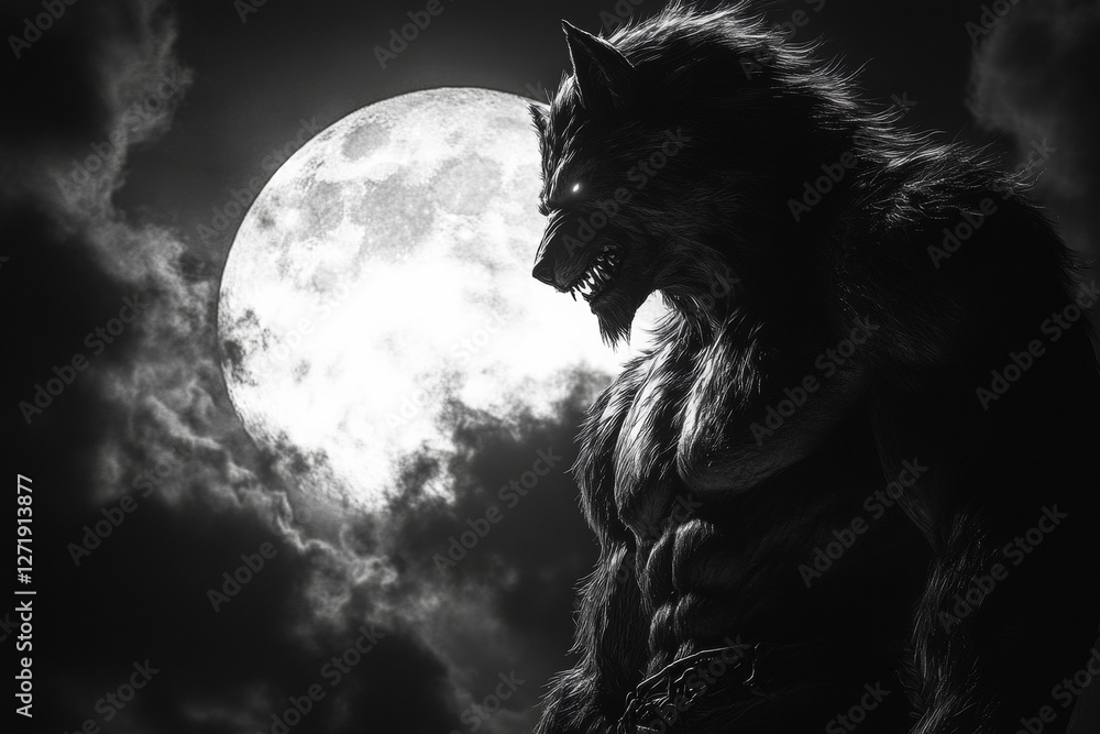 Angry werewolf silhouette howling at full moon night sky black and white photography dramatic side view mythical creature