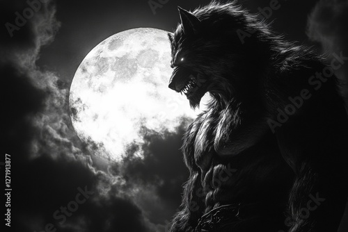Obraz na płótnie Angry werewolf silhouette howling at full moon night sky black and white photography dramatic side view mythical creature w salonie