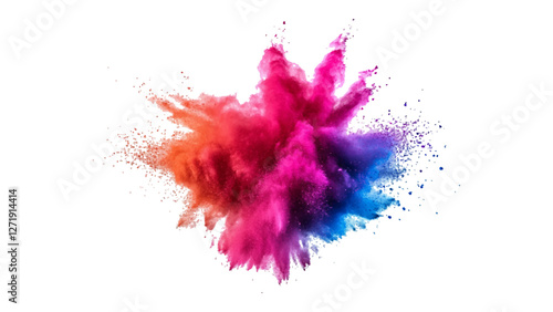 Colorful mixed rainbow powder explosion isolated on white background. Rainbow paint splash multicolor powder explosion on white background.	