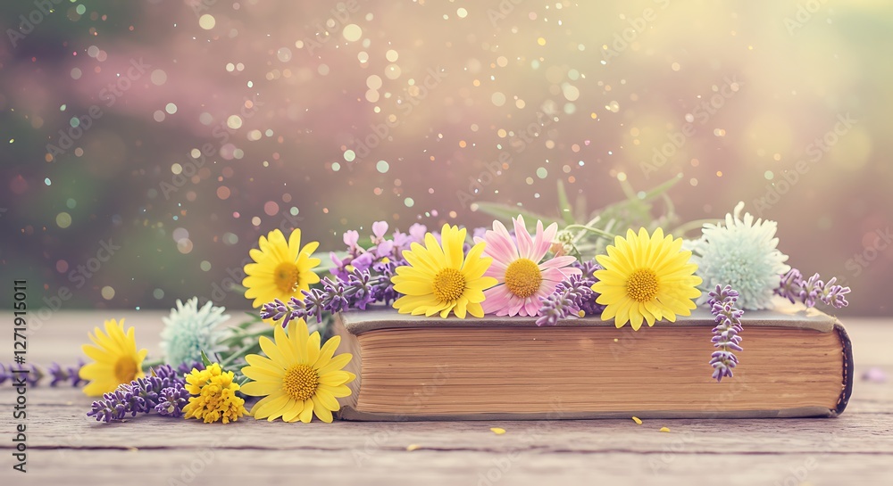 Fototapeta premium Vintage Book with Wildflowers and Lavender on a Rustic Wooden Table with Copy Space 