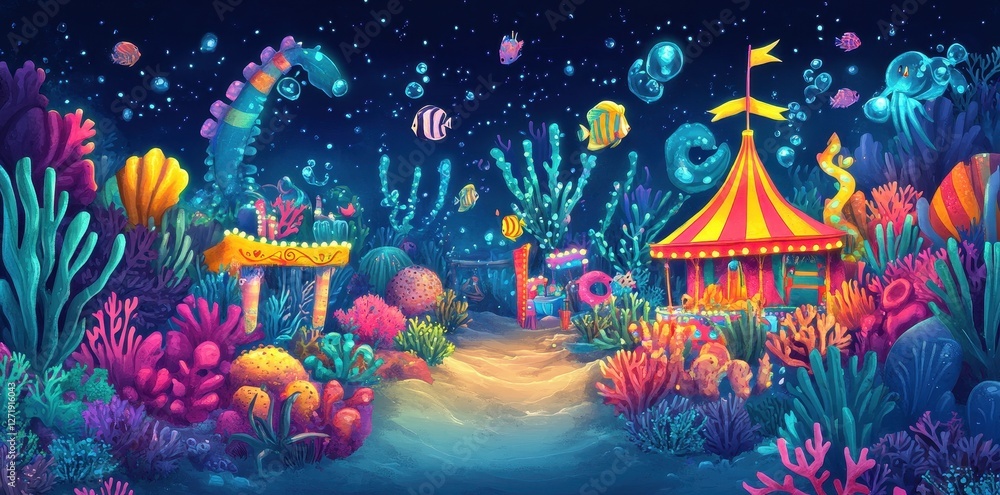 Undersea circus scene with coral reef and marine life Undersea circus scene with coral reef and marine life