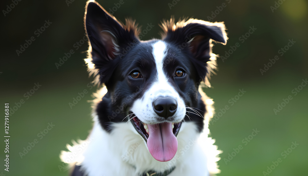 Head shot of a black and white Border Collie, panting and looking at camera, Backlit. with white shades Head shot of a black and white Border Collie, panting and looking at camera, Backlit. with white shades
