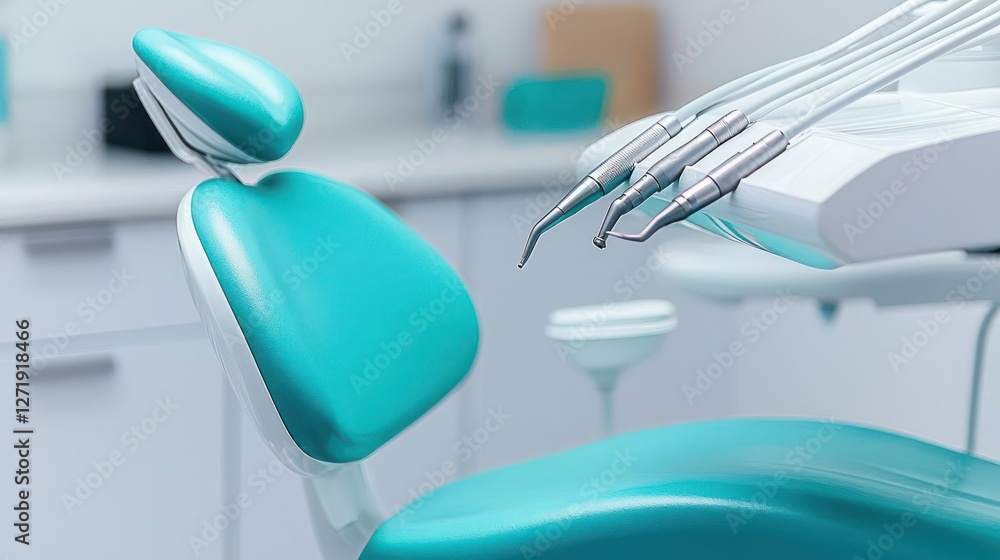 Teal Dental Chair and Sterile Instruments in Modern Clinic Teal Dental Chair and Sterile Instruments in Modern Clinic