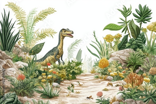 Cartoon dinosaur walking a path in a prehistoric forest photo