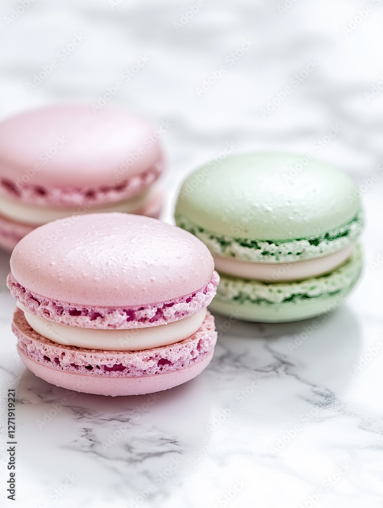 A close-up of pastel-colored macarons in soft pink, mint green, and lavender A close-up of pastel-colored macarons in soft pink, mint green, and lavender