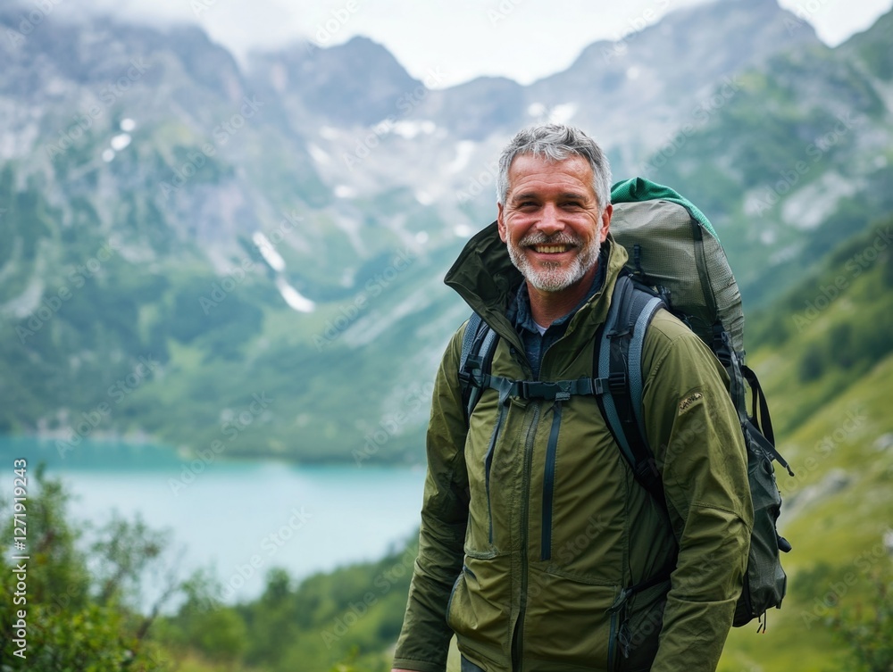 Hiking Adventurer in Alpine Landscape Hiking Adventurer in Alpine Landscape