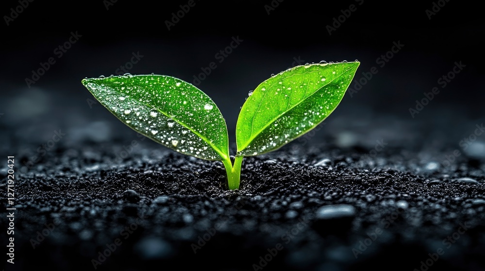 Naklejka premium A small green plant with dewdrops emerging from dark soil, symbolizing new growth and the beauty of nature's resilience.
