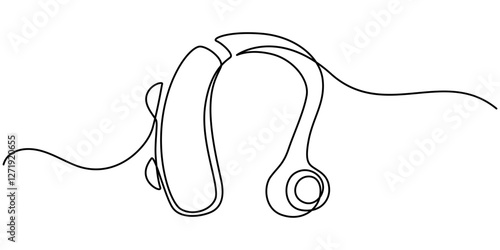 Hearing aid continuous one line drawing. Hearing device single line illustration. International week of the deaf minimalist design poster vector, Hearing device with sound waves minimal single line. 