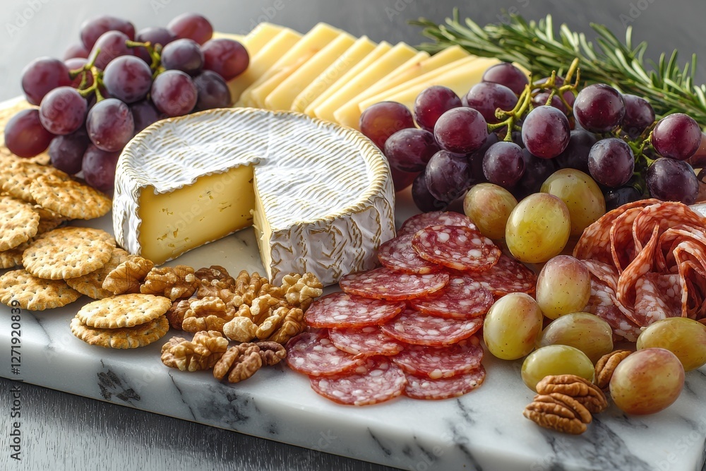 An elegant charcuterie board featuring a variety of cheeses, meats, grapes, crackers, and walnuts, beautifully arranged on a marble surface for a gourmet tasting experience. An elegant charcuterie board featuring a variety of cheeses, meats, grapes, crackers, and walnuts, beautifully arranged on a marble surface for a gourmet tasting experience.