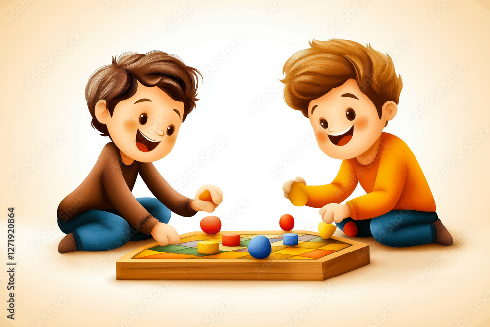 Naklejka premium A vibrant cartoon-style illustration of two happy kids playing a colorful board game, laughing and enjoying their time together in a warm and cheerful atmosphere