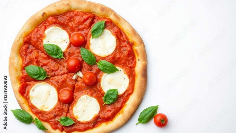 Fresh pizza topped with mozzarella, tomatoes, and basil on a bright, clean background Fresh pizza topped with mozzarella, tomatoes, and basil on a bright, clean background