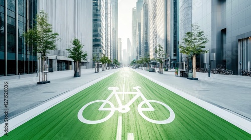 A serene view of a modern urban street featuring a designated bike lane amidst tall skyscrapers, promoting green mobility.