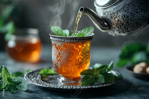 moroccan mint tea being poured into the glass