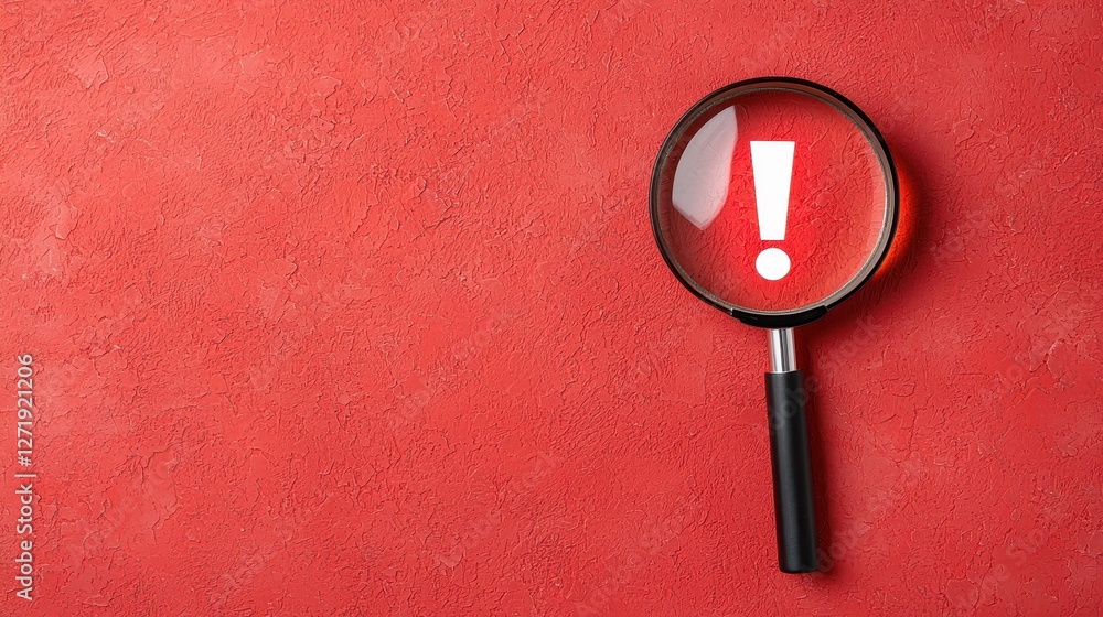 A magnifying glass highlights an exclamation mark on a red background, symbolizing urgency or the need for attention. A magnifying glass highlights an exclamation mark on a red background, symbolizing urgency or the need for attention.