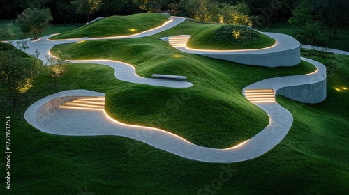Serene landscape featuring illuminated pathways winding through lush green hills, creating a harmonious blend of nature and architecture.
