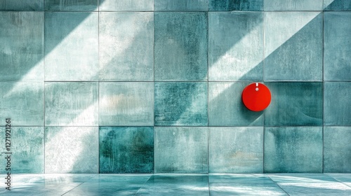 Minimalist interior design showcasing a textured green wall with a vibrant red circular object casting shadows
