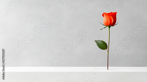 A captivating red rose standing elegantly against a minimalist gray background, embodying beauty and simplicity