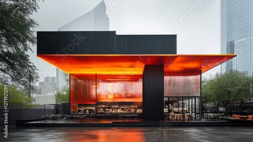 Modern architectural marvel with vibrant orange roof and sleek black facade in an urban setting, reflecting innovation and creativity