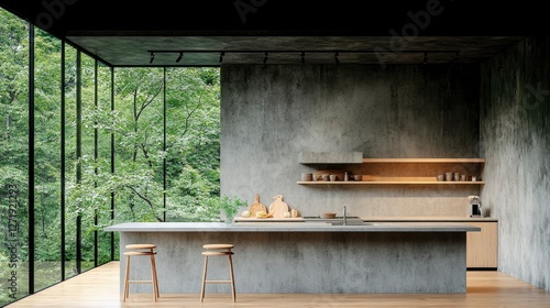 Modern minimalist kitchen design featuring a spacious layout, natural elements, and a stunning view of greenery through large windows