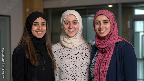 Three smiling young women wearing traditional hijabs pose together in a modern and well-lit indoor setting, showcasing friendship and unity.
