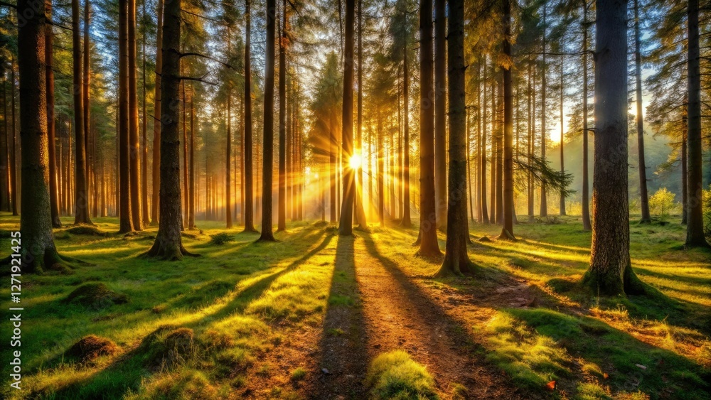 Obraz premium Evening in the forest with warm golden light casting long shadows across the forest floor and trees, evening, sunset, undergrowth, golden hour