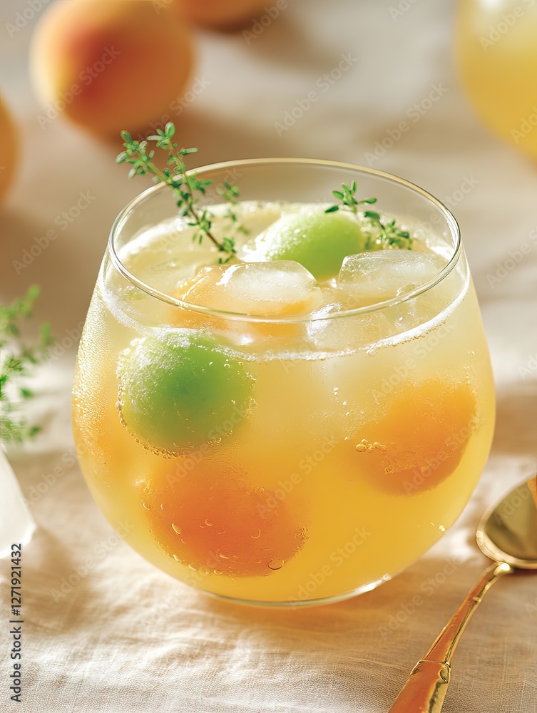 A dreamy honeydew-peach lemonade in a rounded glass with ice cubes, peach slices, and small honeydew melon balls A dreamy honeydew-peach lemonade in a rounded glass with ice cubes, peach slices, and small honeydew melon balls