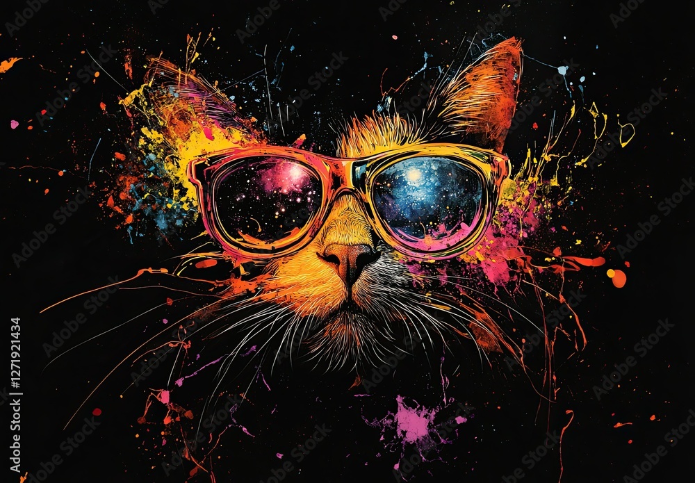 Fototapeta premium A digital artwork of an abstract, cool cat wearing sunglasses with the universe inside them