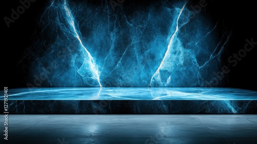 Contemporary abstract backdrop featuring a luminous blue marble-like surface and striking cracked stone wall