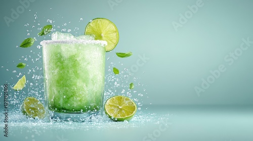 Refreshing green beverage with ice, mint leaves, and lime slices splashing in a serene setting