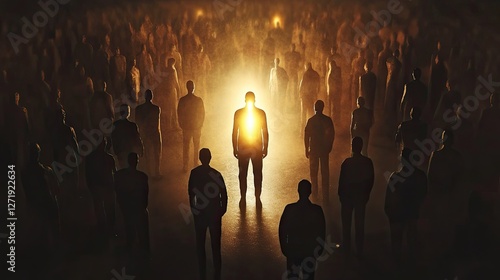 A glowing figure in a dark crowd, symbolizing inner light and confidence.