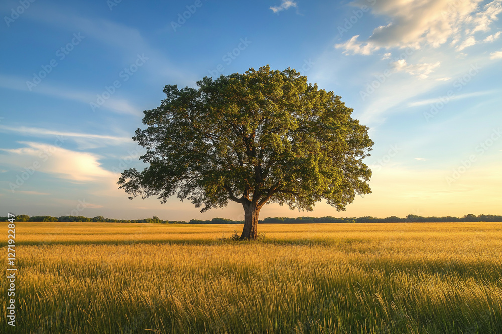 Fototapeta premium A Majestic Oak Tree Standing Alone in the Golden Fields Under a Sky Painted with the Warm Hues of a Setting Sun, a Moment of Peace and Contemplation in Nature's Grand Tapestry