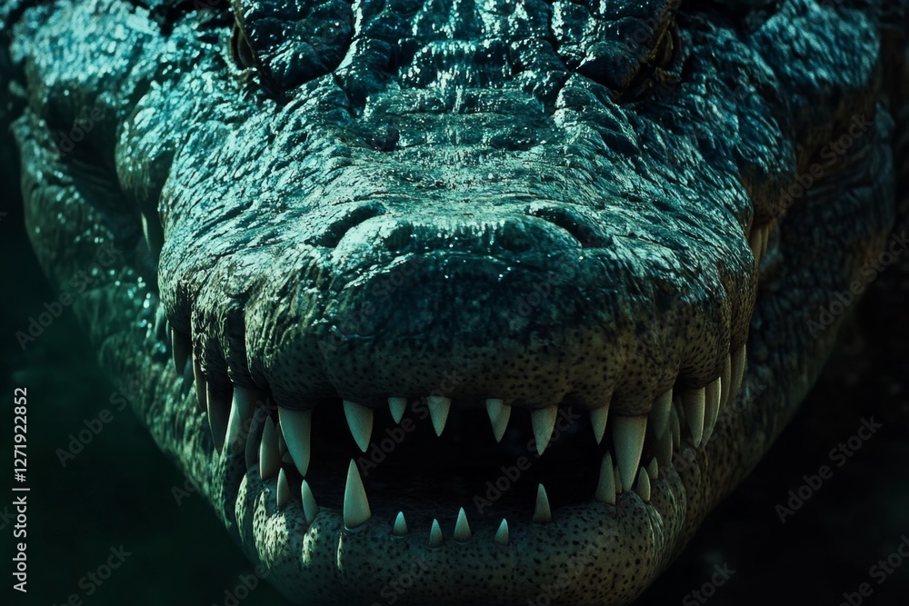 Obraz premium Close-Up of a Menacing Crocodile's Jaws, Dark and Detailed Texture, Sharp Teeth, Powerful Predator