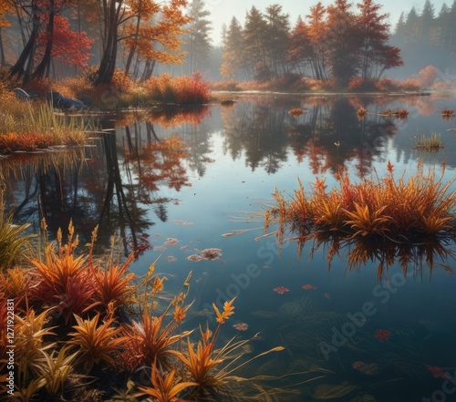 Floating dead aquatic plants on a calm autumn lake surface, drift, algae, landscape