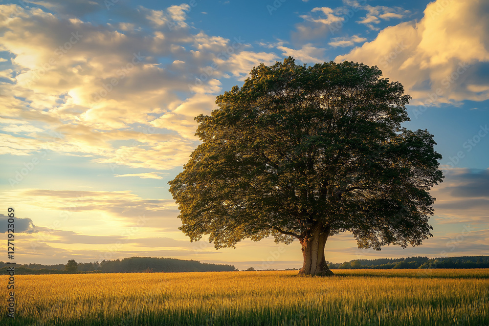 A Majestic Oak Tree Standing Alone in the Golden Fields Under a Sky Painted with the Warm Hues of a Setting Sun, a Moment of Peace and Contemplation in Nature's Grand Tapestry A Majestic Oak Tree Standing Alone in the Golden Fields Under a Sky Painted with the Warm Hues of a Setting Sun, a Moment of Peace and Contemplation in Nature's Grand Tapestry