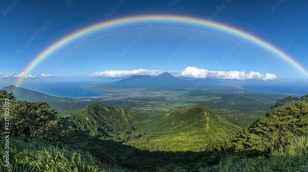 A rainbow arching over green fields A rainbow arching over green fields