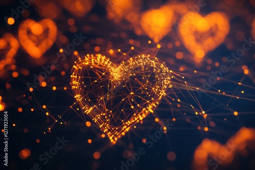 Sparkling heart shape design created with glowing lines and dots against a dark background during evening hours. Generative AI photo