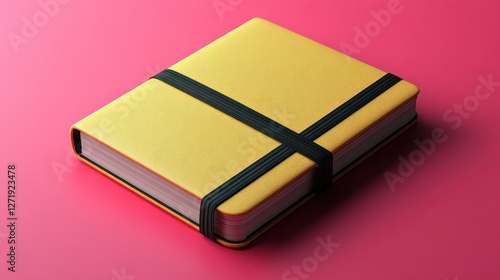 Yellow notebook, pink background, closed, elastic band