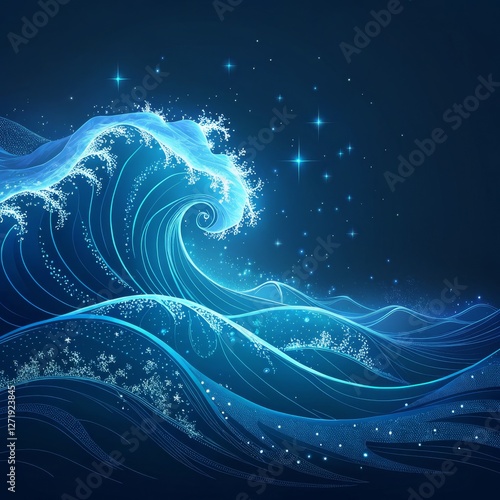 Glowing Neon Wave Digital Art Composition, Abstract Ocean, Night Sky, Stars, Blue, Line Art, Particle Effect