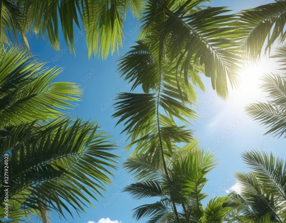 Fresh palm leaves and stems against a bright blue sky with the sunlight filtering through, nature backdrop, palm leaves Fresh palm leaves and stems against a bright blue sky with the sunlight filtering through, nature backdrop, palm leaves