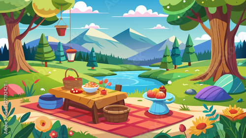 Colorful picnic scene in nature with a wooden table, food, and a basket on a red blanket. A river flows through a green valley with mountains, trees, and flowers in the background under a bright sky