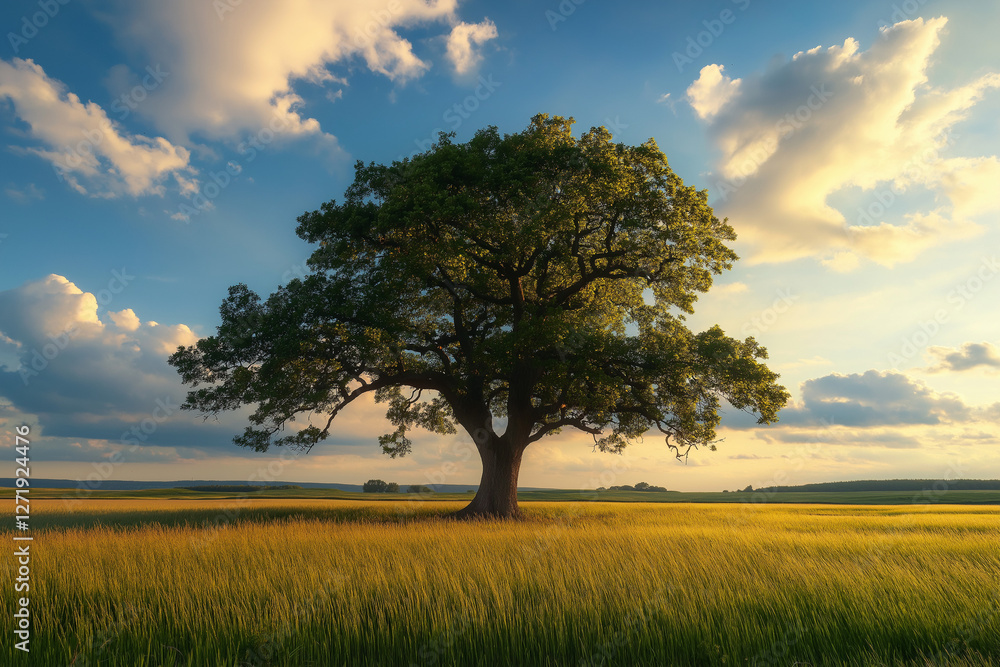 Obraz premium A Majestic Oak Tree Standing Alone in the Golden Fields Under a Sky Painted with the Warm Hues of a Setting Sun, a Moment of Peace and Contemplation in Nature's Grand Tapestry