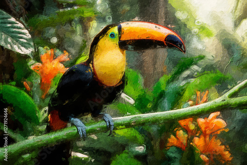 A Majestic Keel-Billed Toucan Perched on a Branch in the Lush Rainforest Sunlight Oil Painting Style Wall Art Decor