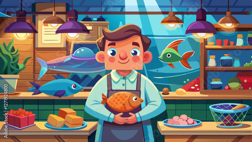 Smiling fishmonger in an apron holding a fresh fish at a seafood market. The background features various fish, seafood products, shelves with ingredients, and decorative aquatic elements