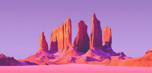 Papier peint photo Corail A surreal desert landscape with tall red rock formations under a purple sky, centered on a solid pale pink background  © Urooj