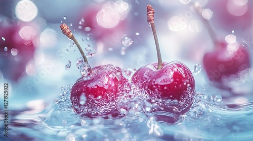 A few cherries floating in the water, with pale pink and transparent light blue hues, sparkling waves