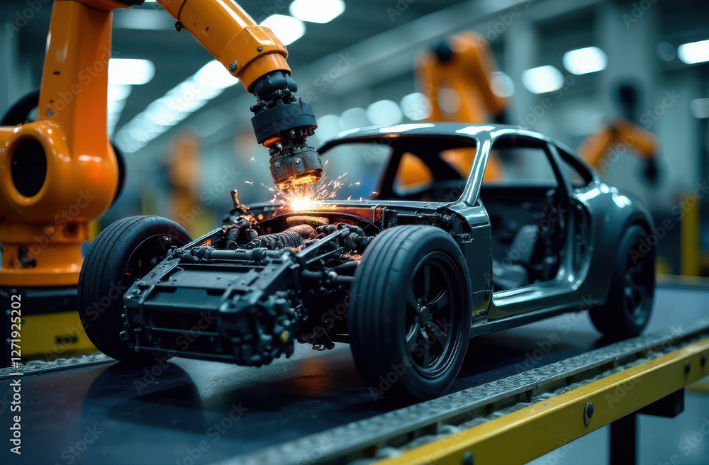 A robotic arm is welding parts of a race car in a high-tech factory. The workspace is busy with orange robotic machines and sparks flying as the arm works efficiently on the vehicle. A robotic arm is welding parts of a race car in a high-tech factory. The workspace is busy with orange robotic machines and sparks flying as the arm works efficiently on the vehicle.