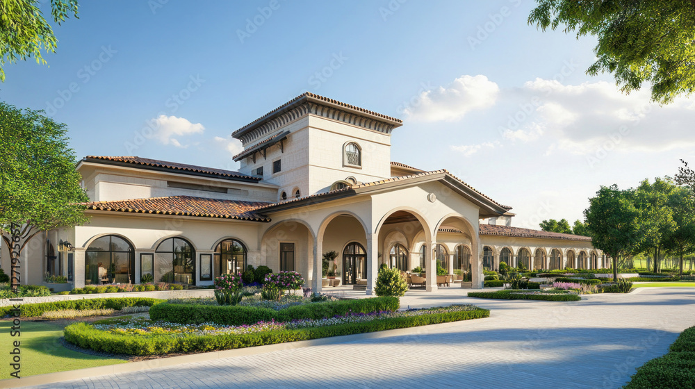 Large white building with a courtyard and a garden Large white building with a courtyard and a garden
