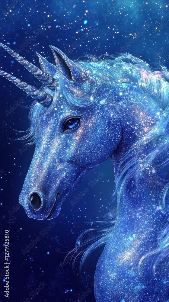 A mesmerizing blue unicorn with glitter and starry background A mesmerizing blue unicorn with glitter and starry background