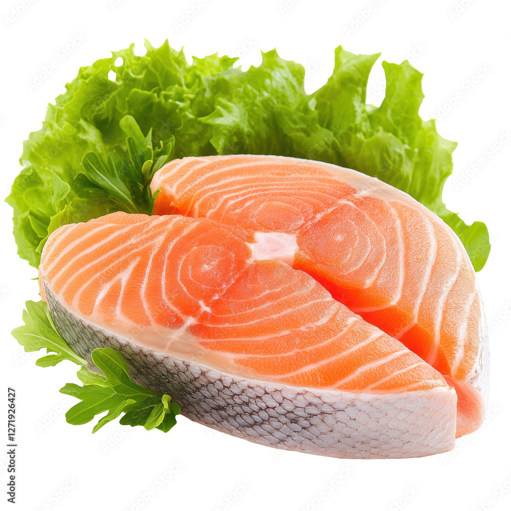 Fresh Salmon Steaks with Greens: Perfectly cut raw salmon steaks rest atop vibrant green lettuce leaves. An appetizing image perfect for seafood lovers and culinary projects. Fresh Salmon Steaks with Greens: Perfectly cut raw salmon steaks rest atop vibrant green lettuce leaves. An appetizing image perfect for seafood lovers and culinary projects.